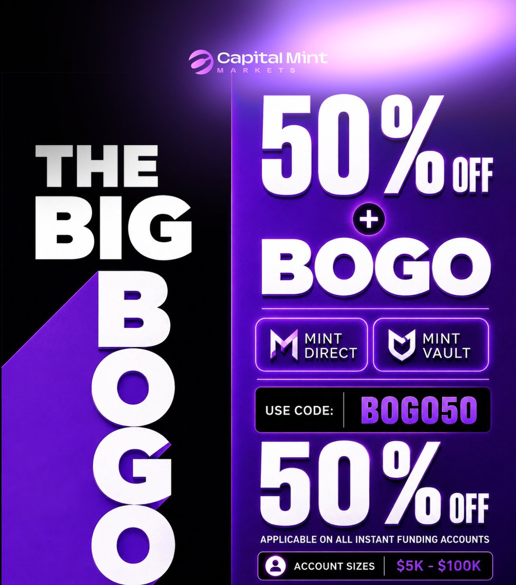 SWREdgeX_'s tweet photo. 🔥 THE BIG BOGO IS HERE! 🔥

Get 50% OFF + BOGO on Capital Mint Markets! 💜

💰 50% OFF Instant Funding Accounts
🎁 BOGO Offer
📊 $5K – $100K Account Sizes
⚡ Mint Direct &amp; Mint Vault

🏷️ USE CODE: BOGO50
💥 MAXIMUM DISCOUNT

🔗 BUY HERE:https://t.co/zaZEK4lQAE https://t.co/ixSTIY8wYT
