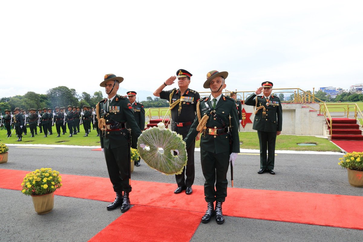 adgpi's tweet photo. Strengthening India–Nepal Friendship 🇮🇳🇳🇵

#GeneralDhirajSeth, #COAS, during his ongoing official visit to #Nepal, in a solemn ceremony, paid tribute by laying a wreath at #Tundikhel and reviewed a ceremonial Guard of Honour at the #NepaliArmy Headquarters.

The #COAS called on General Ashok Raj Sigdel, #COAS, #NepaliArmy and Honorary General of the Indian Army and the two leaders discussed matters of mutual interest and avenues to further strengthen bilateral #DefenceCooperation. He was also briefed by the DGMO, #NepaliArmy and held discussions with senior military leadership on enhancing military-to-military ties.

As a gesture of the enduring friendship between the two Armies, the #COAS planted a sapling and presented defence equipment to the #NepaliArmy, reaffirming the close and longstanding bonds between the two nations and shared commitment to peace, stability & security.

@MEAIndia
@DefenceMinIndia
@SpokespersonMoD
@IndiaInNepal
@NepaliArmyHQ