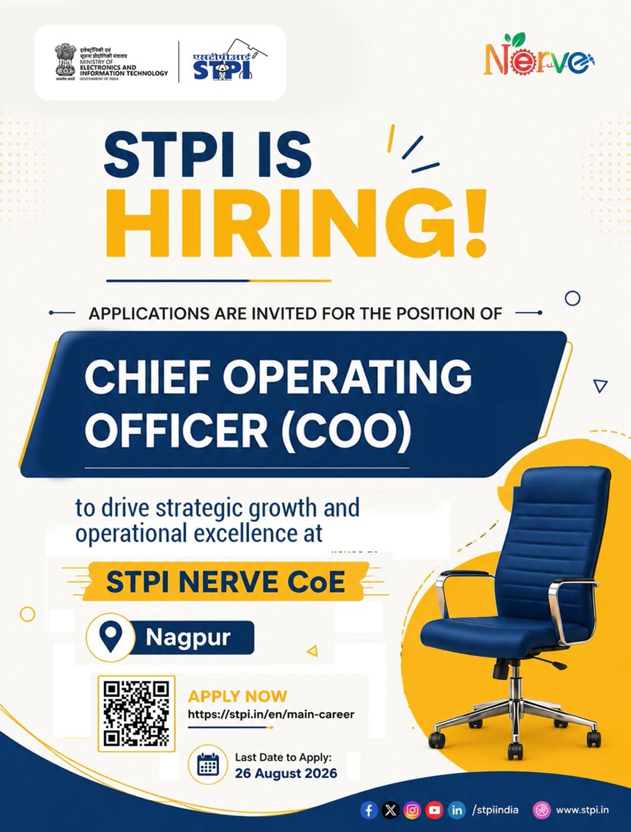 stpiindia's tweet photo. STPI is Hiring!
Are you a visionary leader with the expertise to drive innovation and operational excellence? This is your opportunity to join STPI NERVE CoE, Nagpur as its Chief Operating Officer (COO) and play a pivotal role in strengthening India's deep-tech startup ecosystem.

📅 Last Date to Apply: 26th August 2026

🔗 Apply Now: https://t.co/4uK0r584mn

#STPI #Hiring #CareerOpportunity #COO #Leadership #Nagpur #Innovation #DeepTech #StartupEcosystem #Technology #Jobs #Career

@GoI_MeitY @AshwiniVaishnaw @JitinPrasada @SecretaryMEITY @arvindtw @_DigitalIndia @NeGD_GoI @startupindia @Naukri @Glassdoor