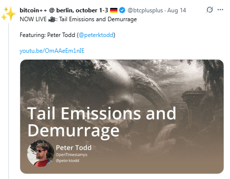 hodlonaut's tweet photo. 1/
@peterktodd, author of the commissioned OP_RETURN uncap PR that kicked off BIP-110 immune response, spent the summer pitching two related ideas (not for the first time) for funding miners long-term: 

- tail emissions (a permanent, ongoing trickle of newly created bitcoins paid to miners after the block subsidy ends, effectively a slow inflation that dilutes all existing holders)

- demurrage (a direct “holding tax” charged on coins that sit idle for a long time and are later spent, with the proceeds routed to miners)