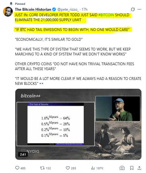 hodlonaut's tweet photo. 1/
@peterktodd, author of the commissioned OP_RETURN uncap PR that kicked off BIP-110 immune response, spent the summer pitching two related ideas (not for the first time) for funding miners long-term: 

- tail emissions (a permanent, ongoing trickle of newly created bitcoins paid to miners after the block subsidy ends, effectively a slow inflation that dilutes all existing holders)

- demurrage (a direct “holding tax” charged on coins that sit idle for a long time and are later spent, with the proceeds routed to miners)