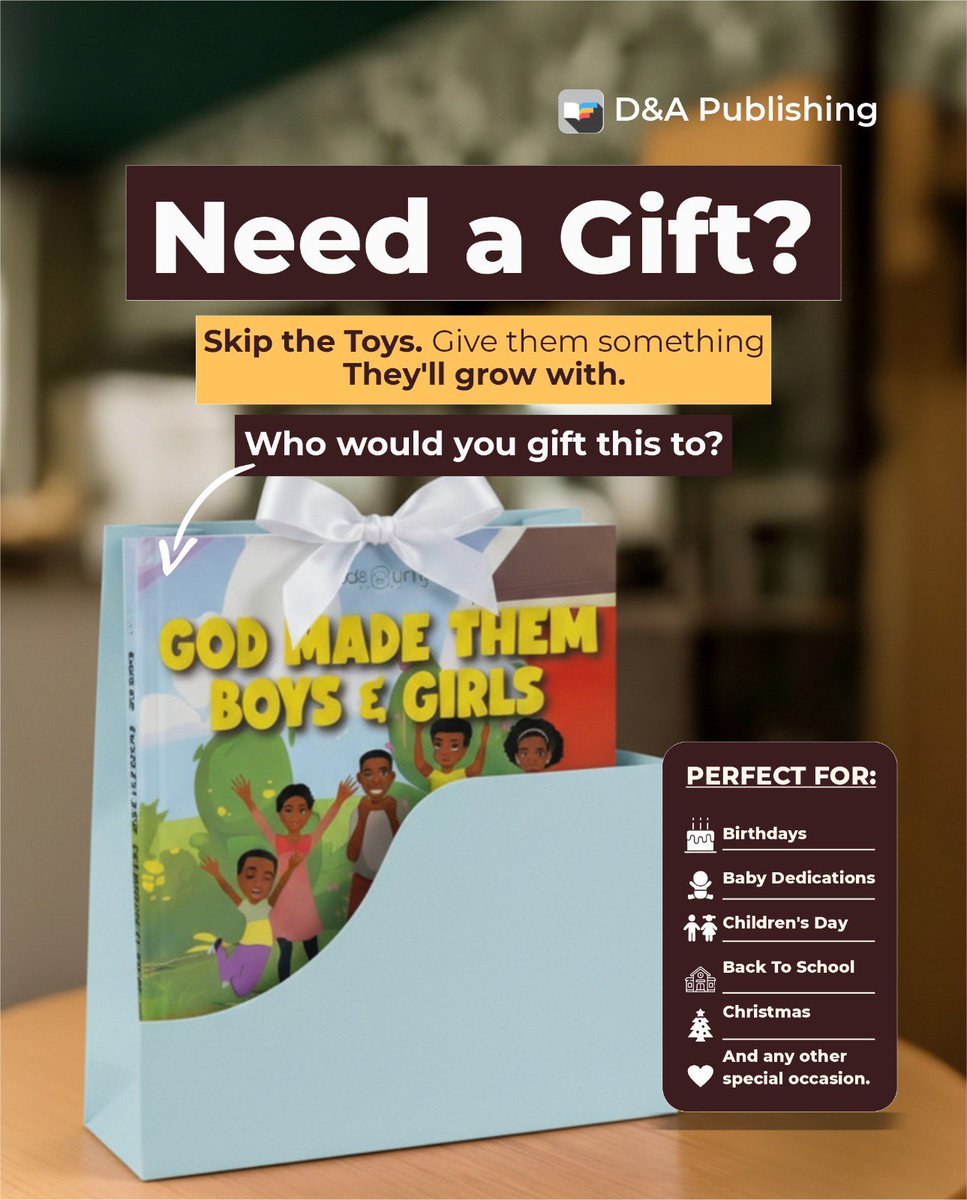 dandapublishing's tweet photo. Give a gift they'll remember long after the wrapping paper is gone.

Whether it's a birthday, baby dedication, school prize, or "just because" moment, a good book is a gift that keeps giving.

Who would you gift one of our books to ?
🎁📚 #dapublishing #booktwitter https://t.co/1rQ1yTr31J
