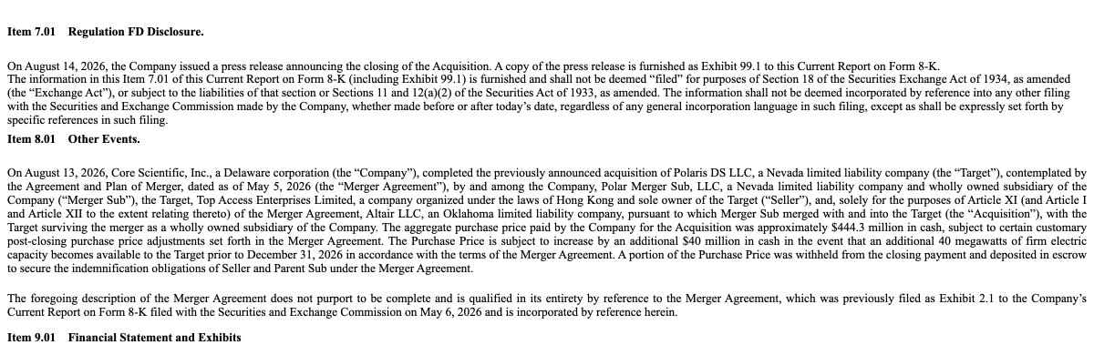 theconvexpayoff's tweet photo. Core Scientific, $CORZ, will pay $1 million for every extra megawatt of power it can get at one site in Oklahoma.

it closed the Polaris acquisition on Thursday for about $444.3 million in cash, and the merger agreement adds another $40 million if 40 more megawatts of guaranteed power become available at that site before December 31, per Friday's 8-K.

three numbers:

1. Polaris came with roughly 440 megawatts the release calls "currently in service", already running under existing contracts with Oklahoma Gas & Electric. that's $1.01 million a megawatt.

2. in May the same buyer bought land in Hunt County, Texas plus a power agreement for roughly the same amount of power, none of it flowing yet, per the 10-Q. that worked out to $542,000 a megawatt.

3. only 13% of the power capacity that applied to plug into the US grid between 2000 and 2020 was actually running by the end of 2025, per Berkeley Lab.

side by side, power already flowing cost 1.9 times as much as power still on paper. the comparison is loose, one is an operating site and the other is raw land. the $40 million clause has nothing else in it, it buys megawatts and prices them at a million each.

December 31 is the date. either 40 more megawatts turn up at that site and Core Scientific pays the extra $40 million, or the clause expires.