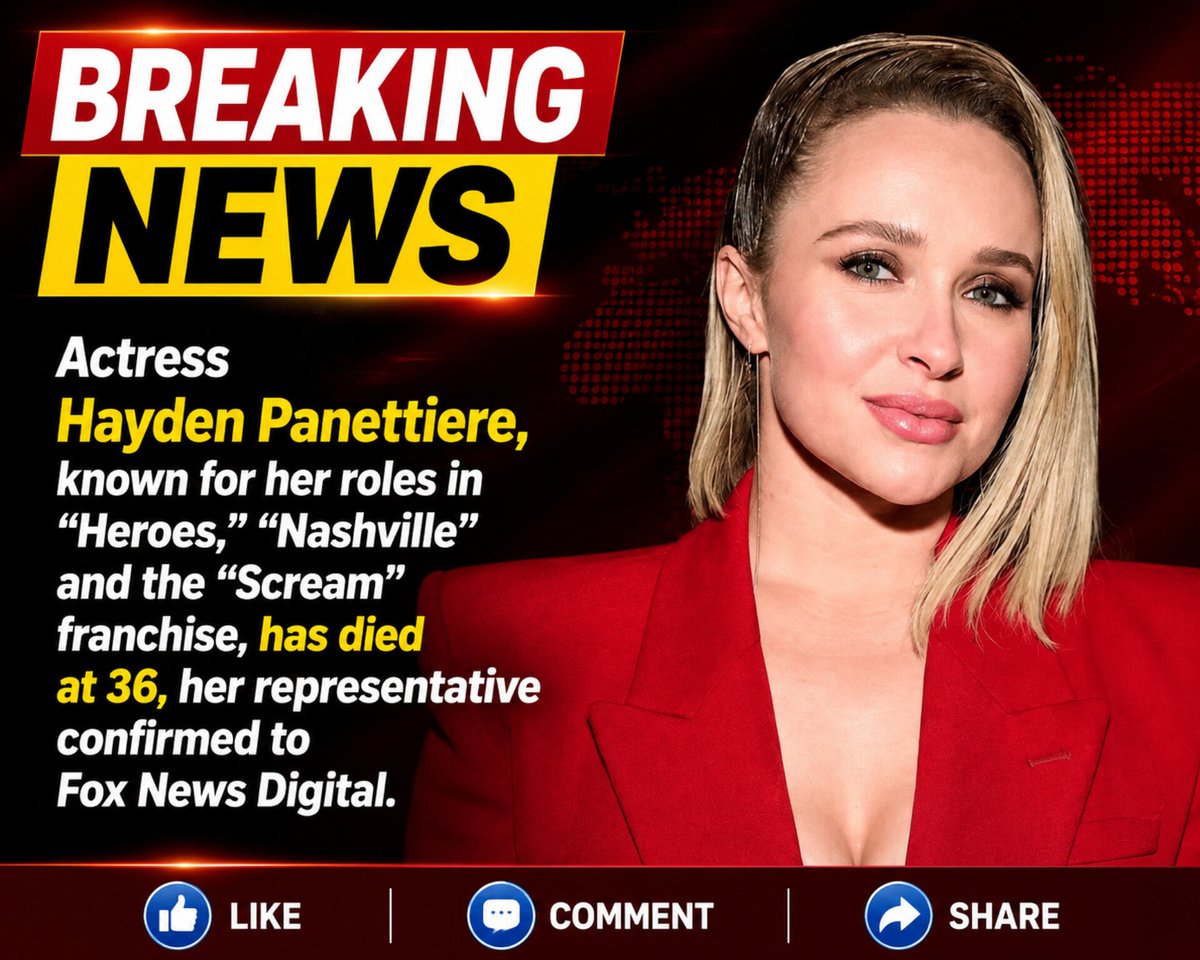 Foxstarnews's tweet photo. Actress Hayden Panettiere, known for her roles in “Heroes,” “Nashville” and the “Scream” franchise, has died at 36, her representative confirmed to Fox News usa 

#HaydenPanettiere #RIPHaydenPanettiere #HollywoodNews #BreakingNews #CelebrityNews
@FoxNews  @USATODAY @nytimes https://t.co/RUOzEfQits