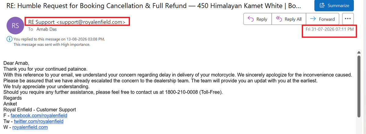 ArnabdasInd's tweet photo. @royalenfield Every time I email @royalenfield, I get the same template reply. I paid you—you're responsible for answering me. What will the dealer do, manufacture my bike? If the app had shown a 14.10.2026 delivery date, I wouldn’t have booked it. Stop thse templte replies and answr. @sidlal https://t.co/htOC6l5mMV