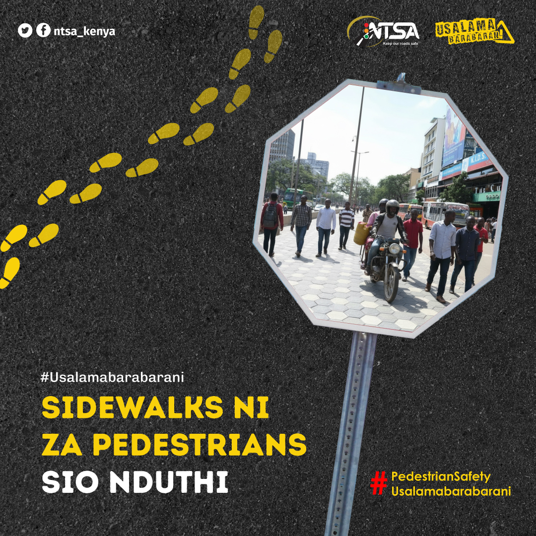 ntsa_kenya's tweet photo. Sidewalk ni ya pedestrians!
Sidewalks are strictly meant for pedestrians. Let’s keep footpaths safe for everyone walking.
#StepsToZero #UsalamaBarabarani #PedestrianSafety #NTSAServes https://t.co/pXJI0YHhT5