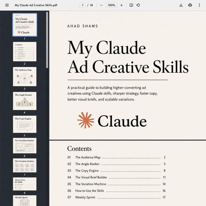 HeyAnjula's tweet photo. Claude is INSANE for ad creative strategy.

I built 5 Claude skills that handle the entire creative pipeline.

Not prompts you paste and forget. Skills you install once and they run automatically.

→ Full audience breakdown with real pain points and buying triggers
→ Ranked ad angles tied to different funnel stages
→ Production-ready copy in the buyer's voice
→ Visual direction specific enough to hand straight to design
→ Batch variations across hooks, tones, and formats

5 skills. One terminal. Finished ad creatives in minutes.

Prompts are one-time. Skills compound.

They carry context from every run. The strategy gets sharper every time you use them.

If you want the 5 skills:

Connect with me
Comment "MAP"

I'll send it to your DMs.

Repost for priority access.