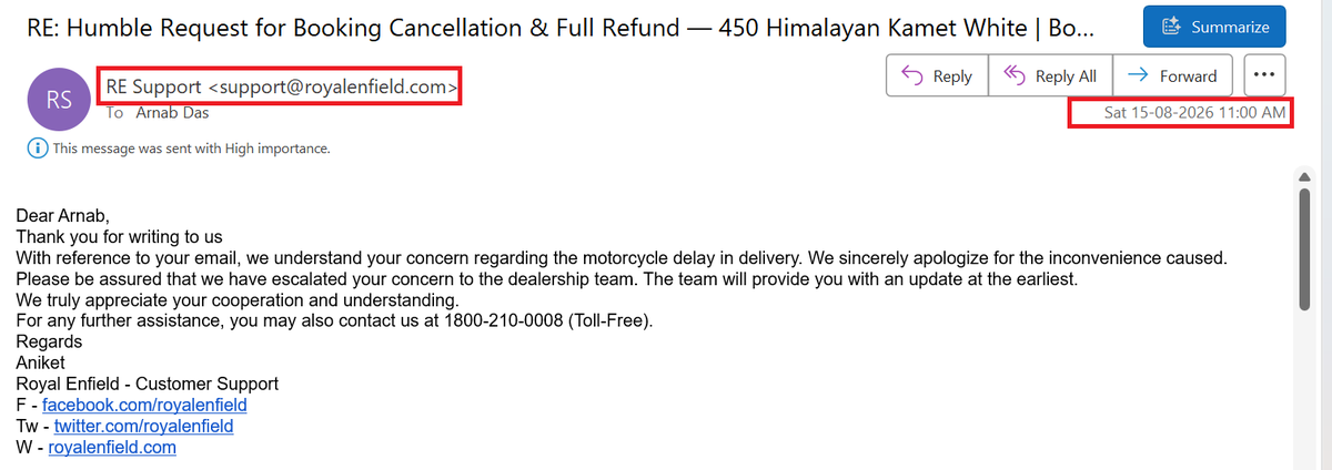 ArnabdasInd's tweet photo. @royalenfield Every time I email @royalenfield, I get the same template reply. I paid you—you're responsible for answering me. What will the dealer do, manufacture my bike? If the app had shown a 14.10.2026 delivery date, I wouldn’t have booked it. Stop thse templte replies and answr. @sidlal https://t.co/htOC6l5mMV