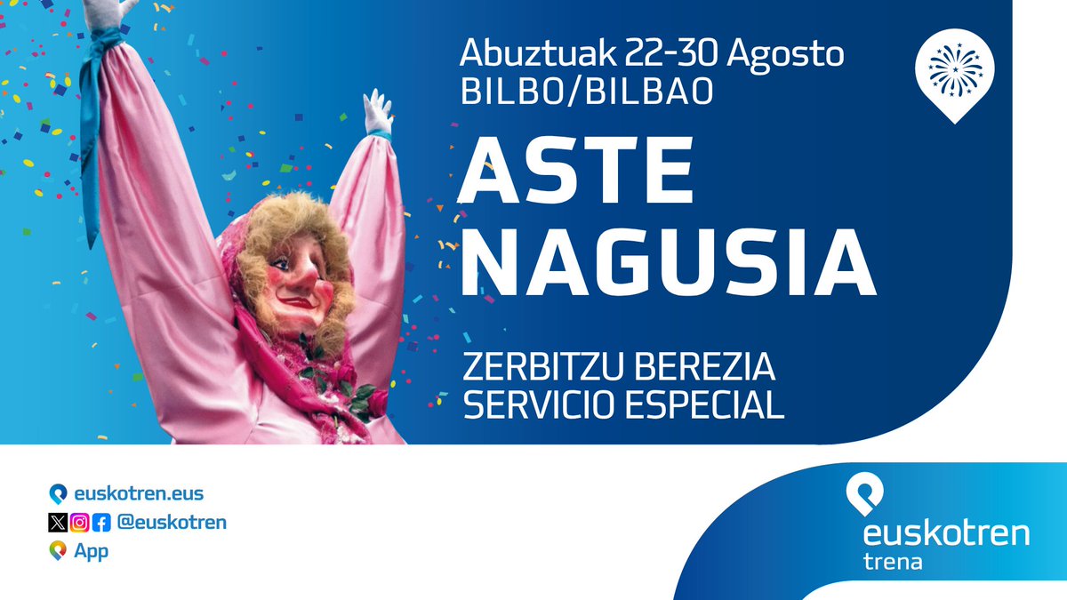 euskotren's tweet photo. 🚆🚊🚇🎉 Aviso (Tren, Tranvía, Metro-L3): ofreceremos servicios especiales del 22 al 30 de agosto, debido a la Semana Grande de Bilbao.

Puedes ver más detalles aquí:
➡️ https://t.co/7it0j20IIL

#Euskotren https://t.co/nxe9tvuL90