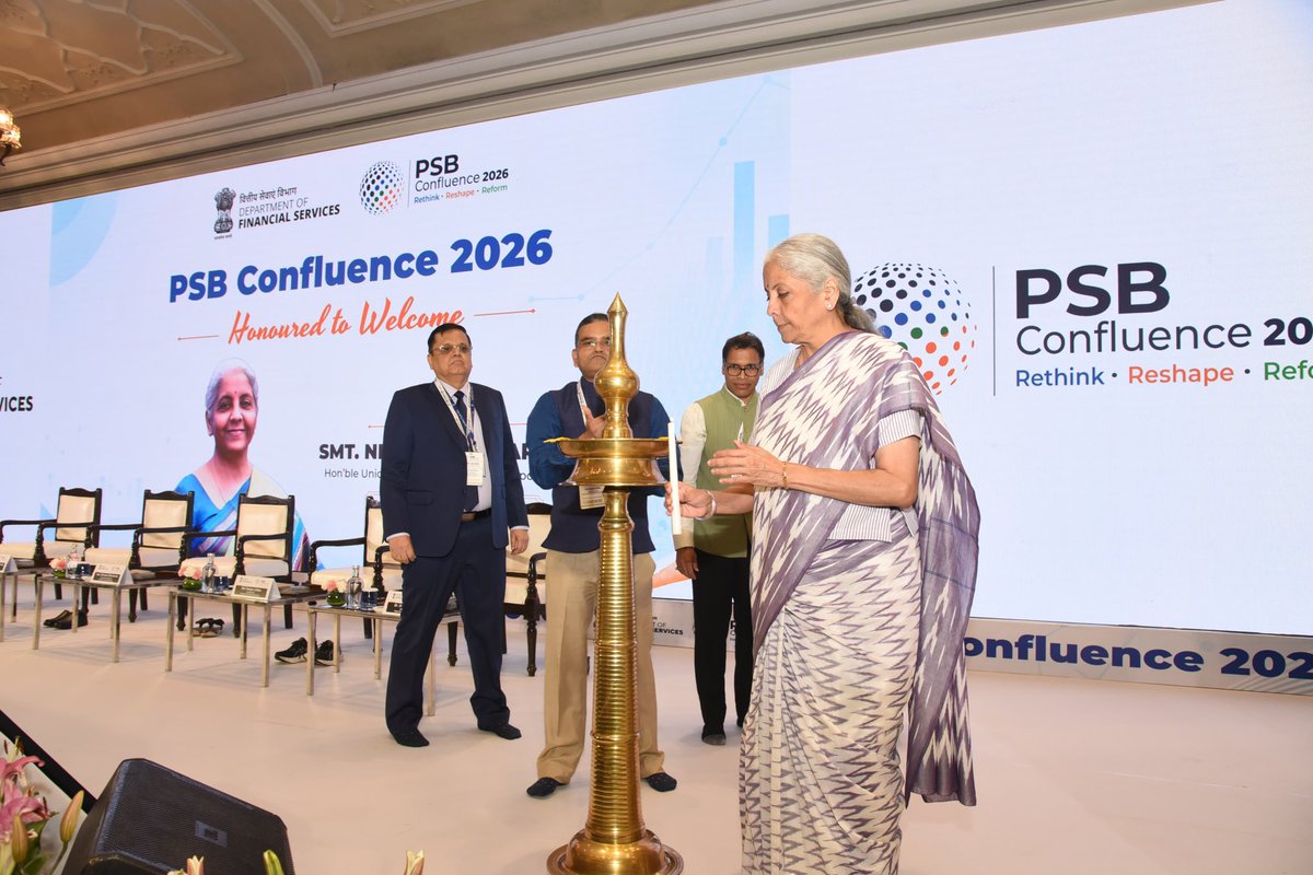 DFS_India's tweet photo. ✅Day 1 of #PSBConfluence 2026: Deliberations focussed on Four themes- Deposit Mobilisation, Banking for Youth, Supporting the Investment Cycle and Global Capability Centres
✅ Union Finance Minister Smt. Nirmala Sitharaman highlighted #Youth as a critical focus area for the future of banking
✅ #PSBConfluence2026 will set the direction for Public Sector Banks and Public Financial Institutions to support India’s evolving growth aspirations
🔗 Read more at : https://t.co/wSWx7csod6