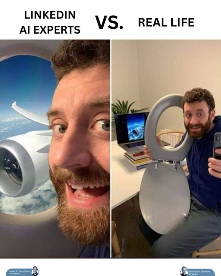 DrJStorm's tweet photo. LinkedIn AI = private jets.

Real AI = toilet seat.

Messy data, failing prompts, demos that break.

Real progress = hundreds of boring decisions.

AI without engineering = expensive demo.

What does LinkedIn hide most?

#AI #AIEngineering #TechLeadership https://t.co/wi6zsEMy0U
