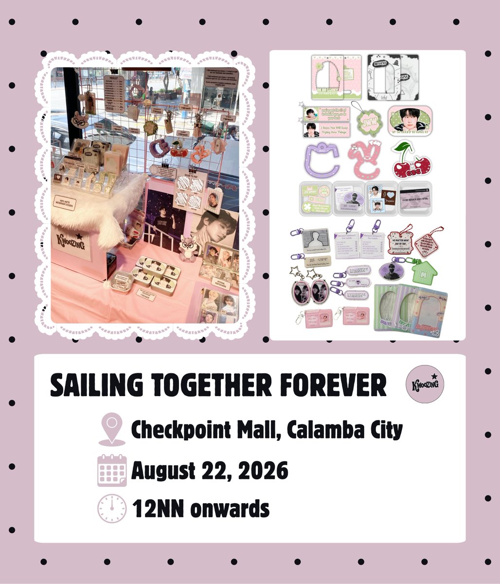 kwoozing's tweet photo. kwoozing merchant schedule for august ★

carats, got plans on august 22? 👀 i’d love to see you at checkpoint mall! mark your calendars and ready your haul lists! 🩷

#SailingTogetherForever https://t.co/hB3mBb9hsT