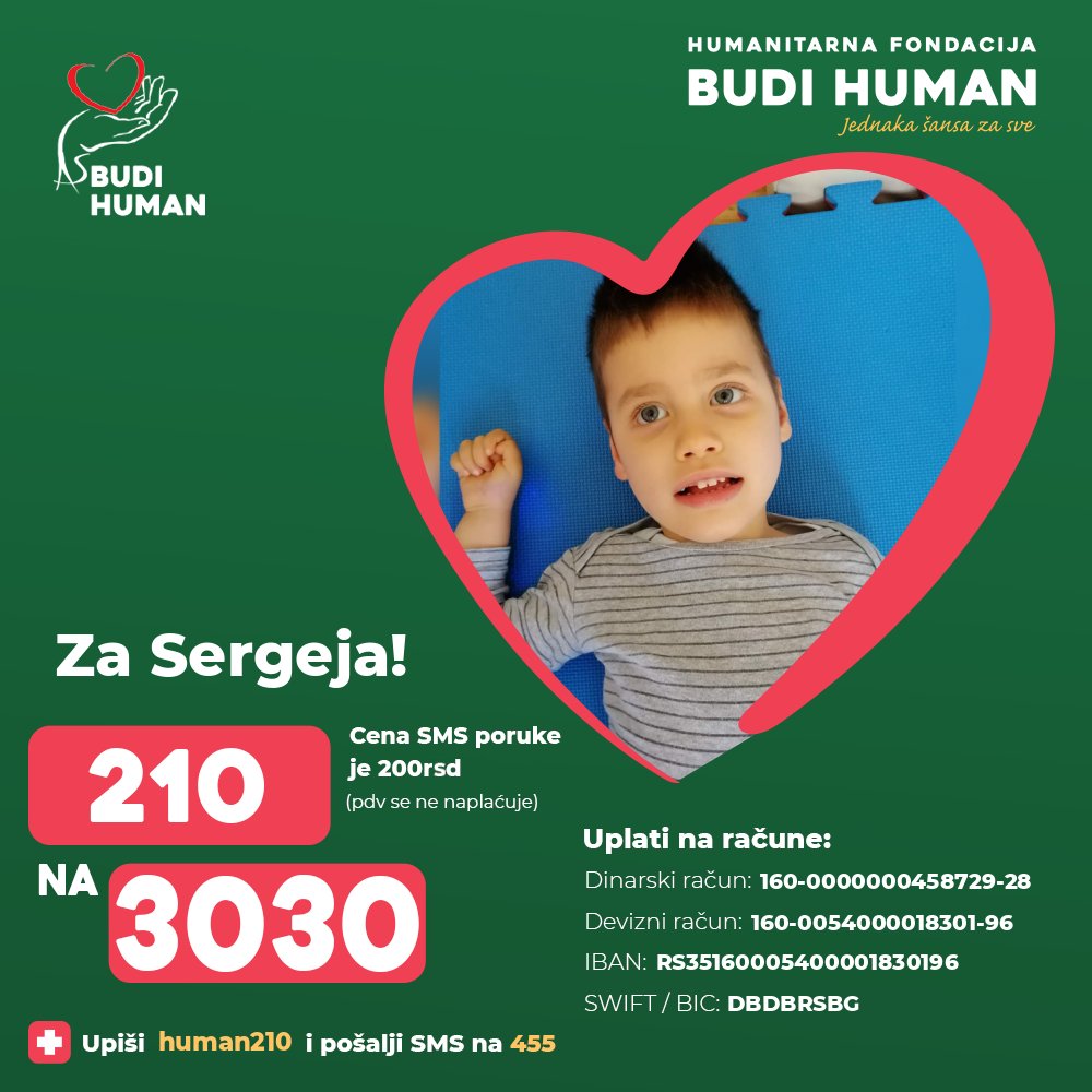 budihuman's tweet photo. Pomozimo Andreju!

Upišimo 210 i pošaljimo SMS na 3030

https://t.co/5QKpkADHkM

#budihuman #jednakašansazasve #podeli #sergejandrejević https://t.co/HLD2Iaquql