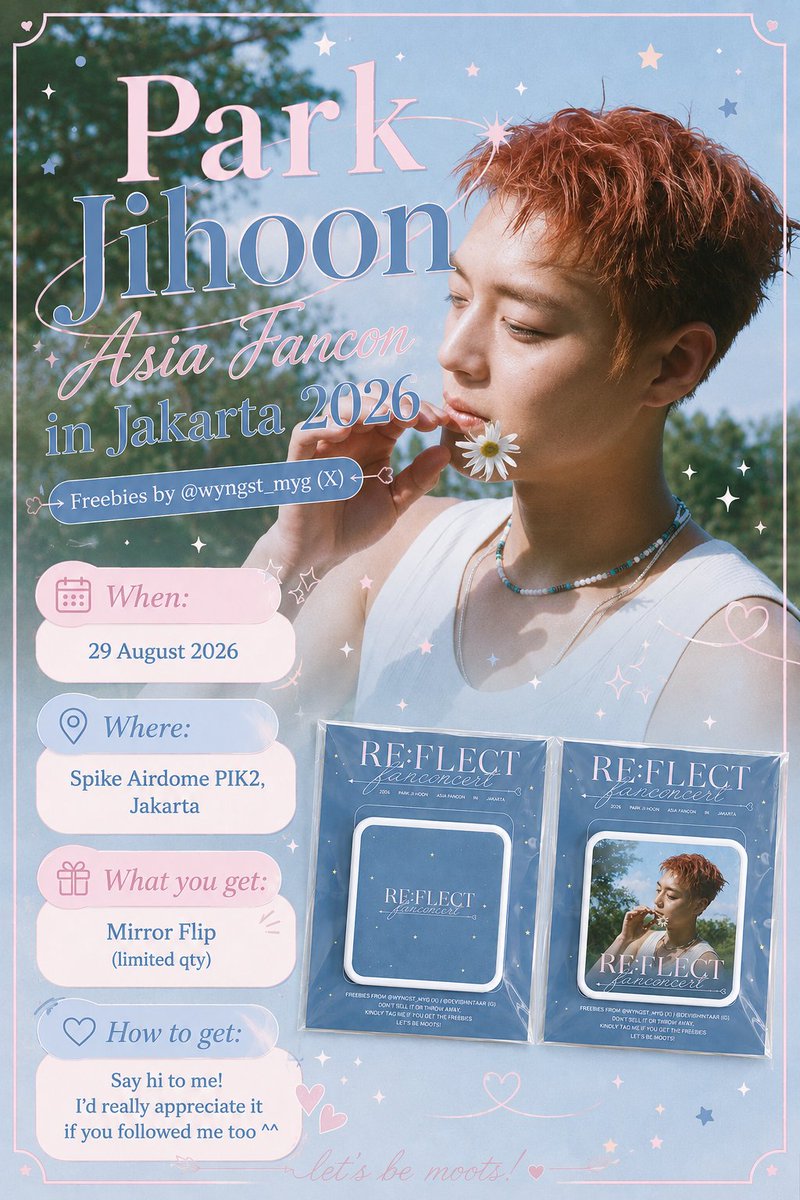 wyngst_myg's tweet photo. PARK JIHOON FANCON RE:FLECT IN JAKARTA

FREEBIES by @wyngst_myg

How to claim
-  find me &amp; say hi
-  kindly tag me if you get one
-  likes, rt &amp; follow are appreciated

See you there🤍💙

t. reflect in jakarta, park jihoon asia fancon 2026 https://t.co/i4T92eCqkx