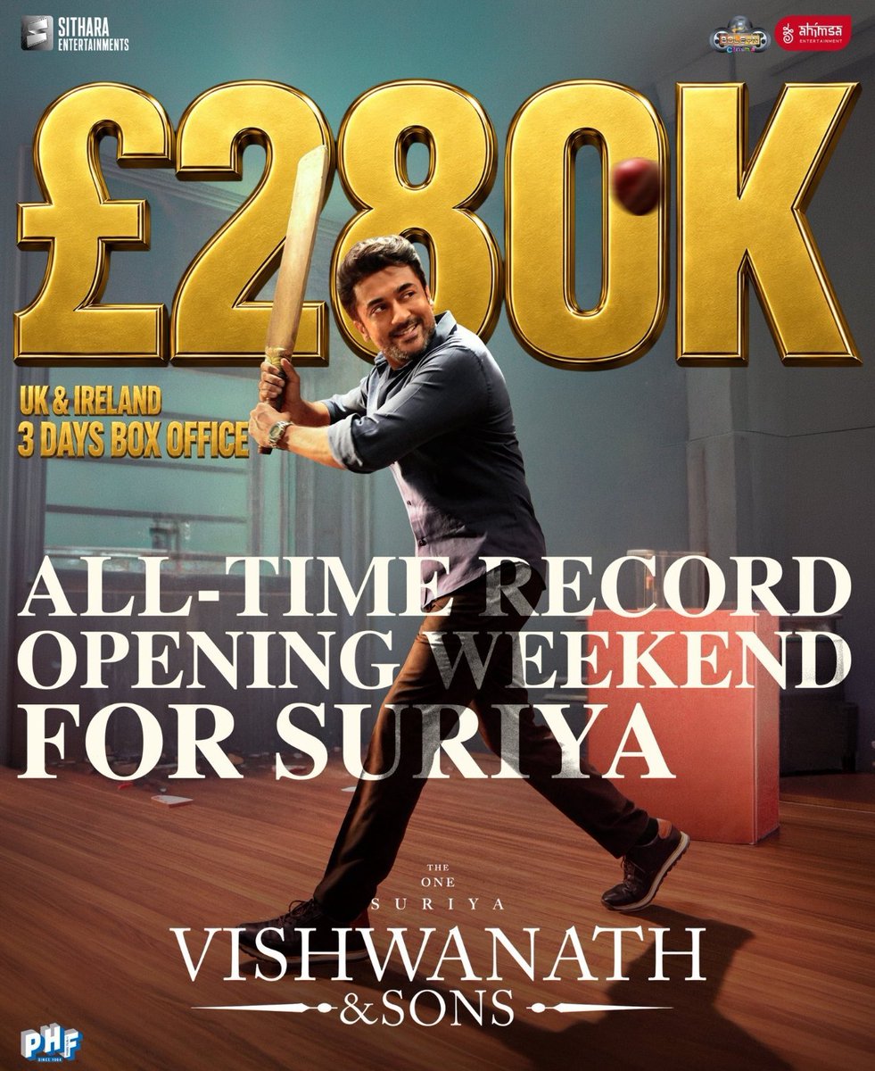 telugulyrics999's tweet photo. UK & Ireland said it loud and clear… ❤️‍🔥

£280K in just 3 days for #VishwanathAndSons 💥💥

An all time record opening weekend for THE ONE @Suriya_offl 🔥

#BlockbusterVAS
#BlockbusterVishwanathAndSons

#VenkyAtluri @_mamithabaiju @realradikaa @TandonRaveena @gvprakash @vamsi84 @NavinNooli @NimishRavi @Banglan16034849 @balajesaar #SaiSoujanya @ynakg2 @SitharaEnts @Fortune4Cinemas #SrikaraStudios @ThinkStudiosInd @adityamusic @PrimarkProd @PharsFilm  @ahimsafilms @boleyncinemauk @cineworld @ODEONCinemas @vuecinemas @ShowcaseCinemas @vithurs_