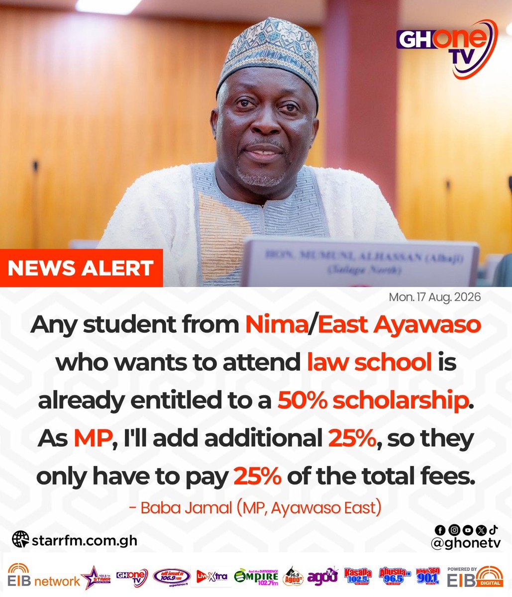 ghonetv's tweet photo. Any student from Nima/East Ayawaso who wants to attend law school is already entitled to a 50% scholarship. As MP, I'll add additional 25%, so they only have to pay 25% of the total fees... - Baba Jamal (MP, Ayawaso East)

#GHOneNews #EIBNetwork
#GHOneTV #NewsAlert https://t.co/syaOnnHxQj