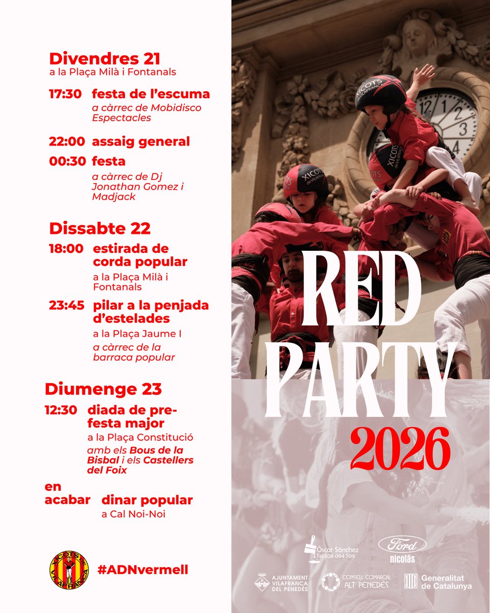 Xicots's tweet photo. 🔴 Aquest divendres 21, i durant el cap de setmana, arriben els actes de la Red Party amb motiu de l’aniversari de Cal Noi Noi!! 

Un cap de setmana per celebrar, trobar-nos i anar escalfant motors per a la Festa Major!

Ens veiem a Cal Noi-Noi ❤️
#ADNvermell #castells https://t.co/qFc26mrTkc