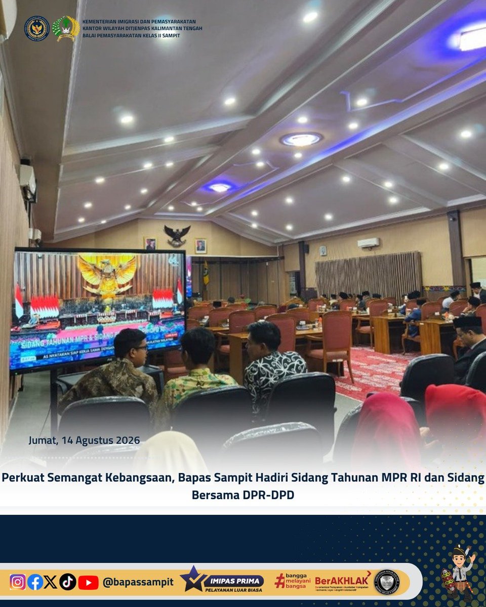 bapas_sampit's tweet photo. Perkuat Semangat Kebangsaan, Bapas Sampit Hadiri Sidang Tahunan MPR RI dan Sidang Bersama DPR-DPD

Selengkapnya pada:
https://t.co/b5rXqy1tMi

Humas Bapas Sampit

#kemenimipas
#Ditjenpas
#pemasyarakatan
#penjagadanpanduan
#DitjenpasKalteng
#Hensah
#infomipas https://t.co/jkwsJNONWY