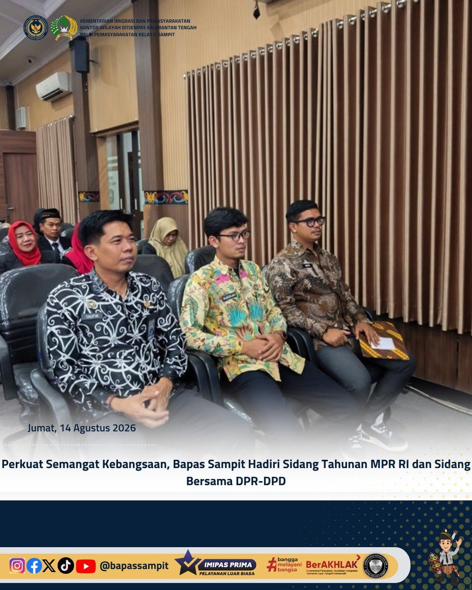 bapas_sampit's tweet photo. Perkuat Semangat Kebangsaan, Bapas Sampit Hadiri Sidang Tahunan MPR RI dan Sidang Bersama DPR-DPD

Selengkapnya pada:
https://t.co/b5rXqy1tMi

Humas Bapas Sampit

#kemenimipas
#Ditjenpas
#pemasyarakatan
#penjagadanpanduan
#DitjenpasKalteng
#Hensah
#infomipas https://t.co/jkwsJNONWY