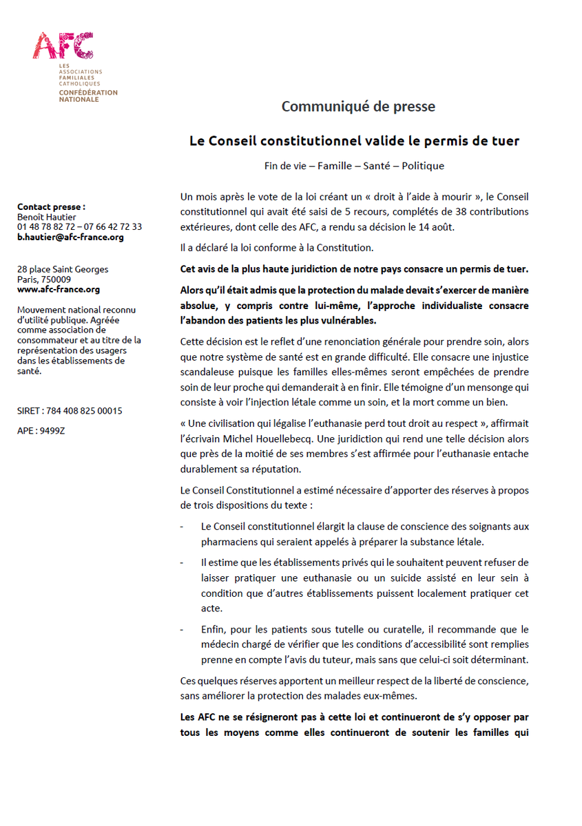 CNAFC's tweet photo. 🔴 Fin de vie : le Conseil constitutionnel valide le « permis de tuer »

Le 14 août, le Conseil constitutionnel a déclaré conforme à la Constitution la loi créant un « droit à l'aide à mourir » et ce, malgré les 5 recours et les 38 contributions dont celle des AFC.

Les AFC ne se résigneront pas.

👉 https://t.co/41pwfEdnK2

#findevie #lafamilleaucoeur