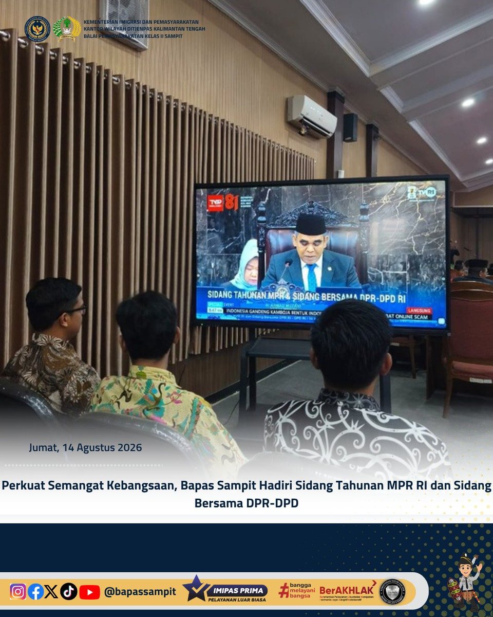 bapas_sampit's tweet photo. Perkuat Semangat Kebangsaan, Bapas Sampit Hadiri Sidang Tahunan MPR RI dan Sidang Bersama DPR-DPD

Selengkapnya pada:
https://t.co/b5rXqy1tMi

Humas Bapas Sampit

#kemenimipas
#Ditjenpas
#pemasyarakatan
#penjagadanpanduan
#DitjenpasKalteng
#Hensah
#infomipas https://t.co/jkwsJNONWY