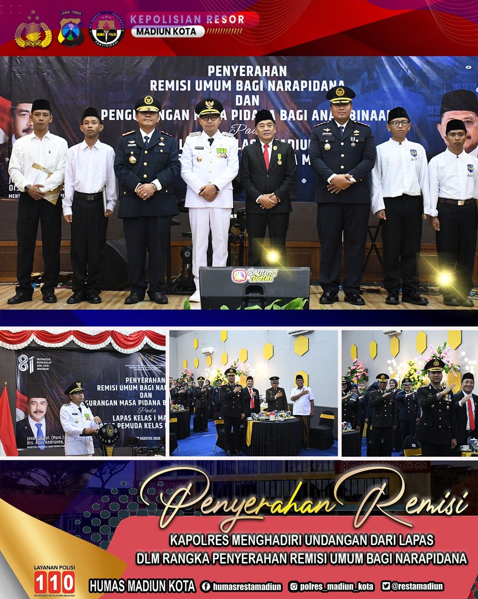 ResMadiunKota's tweet photo. SINERGITAS POLRI DAN PEMASYARAKATAN DALAM PEMBERIAN REMISI HUT RI KE-81 ๐ค
SEMOGA MENJADI INSAN YANG LEBIH BAIK
DIRGAHAYU REPUBLIK INDONESIA KE-81
#PolresMadiunKota #Remisi #LapasMadiun #HUTRI81 #Sinergitas https://t.co/yHuhs7n2m3