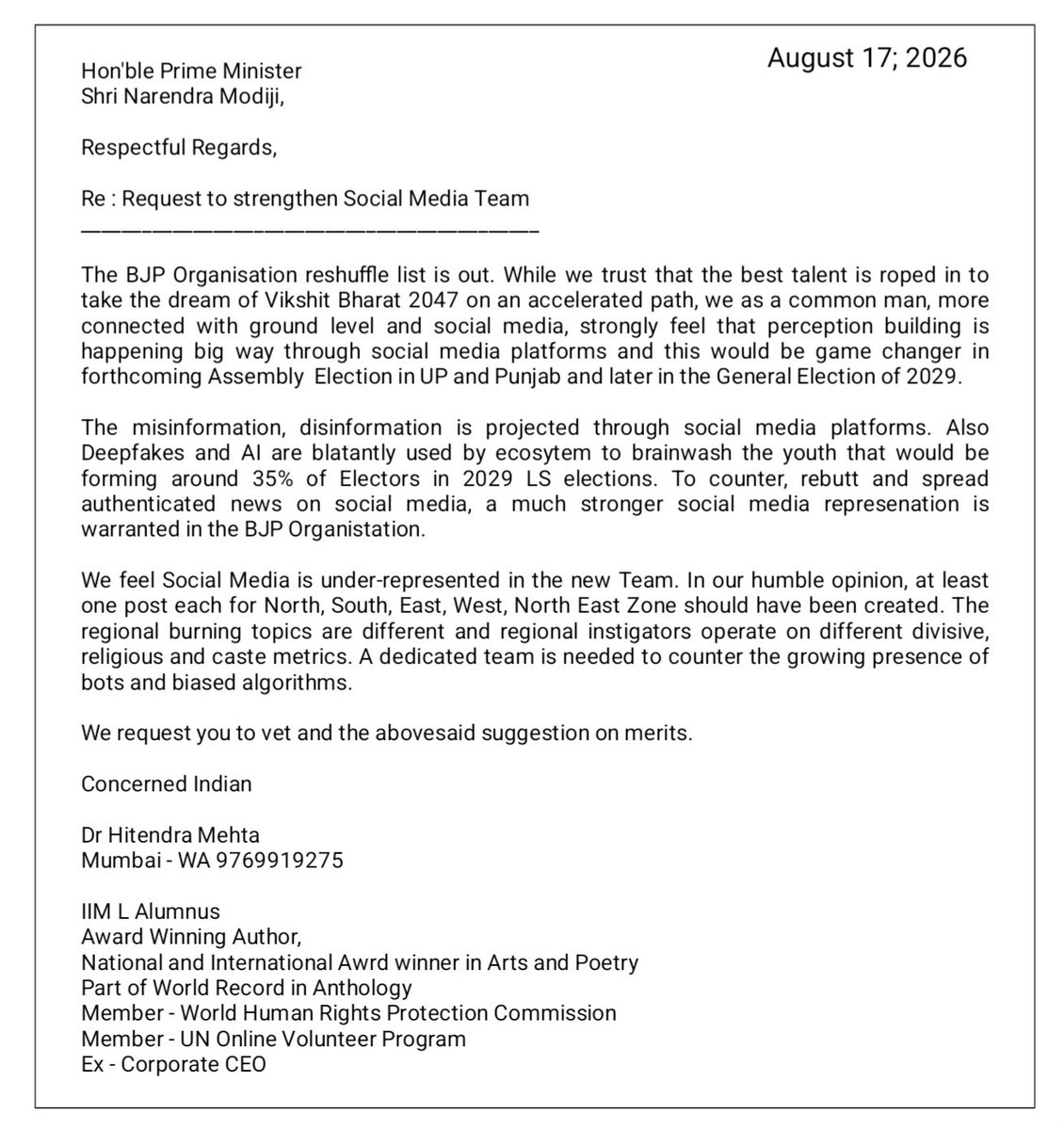 hitendramehta2's tweet photo. @PMOIndia 
Hon'ble Prime Minister, 

Have shared some thoughts on need for strengthening the "Social Media Represenation" in the New BJP Team announced today. Shall appreciate your perusal of the appended letter.

Thanks &amp; Regards https://t.co/4hHQobHoKd