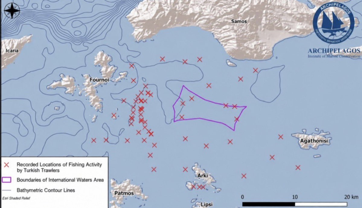 ictinus_x's tweet photo. ⚠️According to data published by the Archipelagos Institute of Marine Conservation, four Turkish trawlers operated for at least a week in the waters between Samos, Fournoi, Arki, Patmos and Agathonisi. Using a small area of international waters south of Samos as their base, they repeatedly entered Greek territorial waters to fish illegally-even within protected marine areas.

❌This is not ordinary fishing: 
it is a blatant violation of Greek sovereignty, Greek law and marine protections. By plundering fish stocks during the annual recovery period and destroying fragile seabed ecosystems that took thousands of years to form, these vessels are causing potentially irreversible ecological damage. Such systematic lawlessness demands immediate enforcement, accountability and unequivocal condemnation.

🆘For years, scientists have warned that the Aegean is approaching the limits of what it can withstand. Overfishing, climate change and the degradation of marine ecosystems are placing ever-increasing pressure on one of the Mediterranean’s richest yet most vulnerable marine environments.
