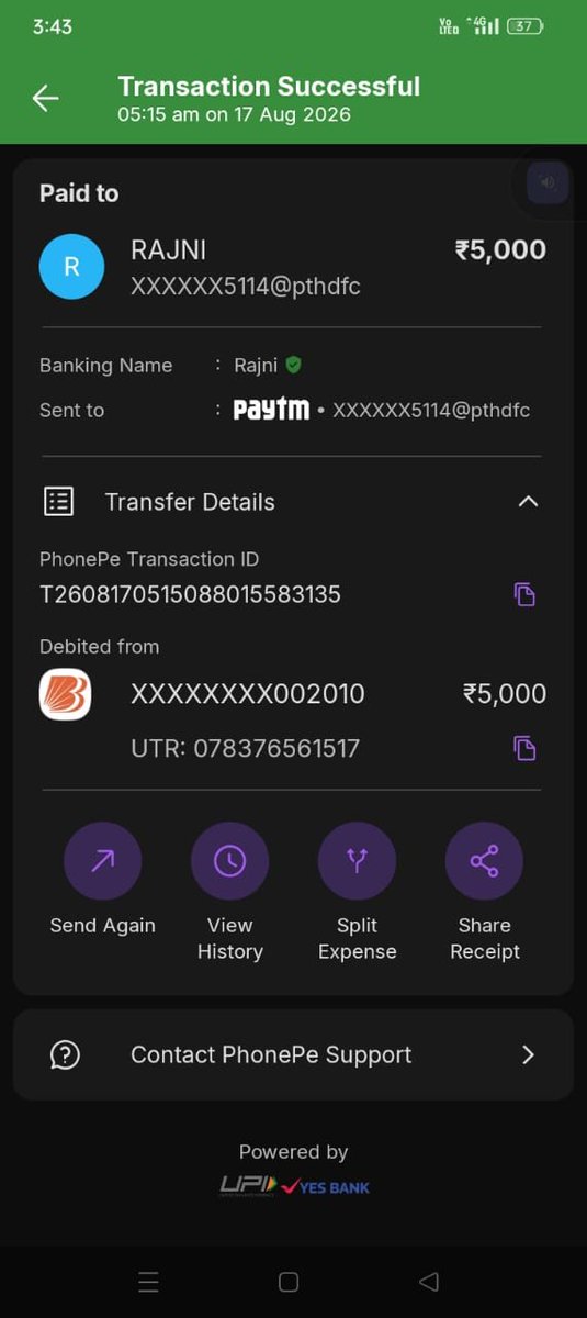 nirajpanditx's tweet photo. @Cyberdost @GujaratPolice कृपया तत्काल सहायता करें। आज 17-08-2026 को ऑनलाइन गेम में गलती से UPI से ₹4,999.76 (UTR 273267725317) और ₹5,000 (UTR 078376561517) ट्रांसफर हो गए। कृपया संबंधित लेनदेन पर तत्काल रोक/फ्रीज की कार्रवाई कर राशि रिकवर कराने में सहायता करें।
@bankofbaroda https://t.co/KhuBKjzChN