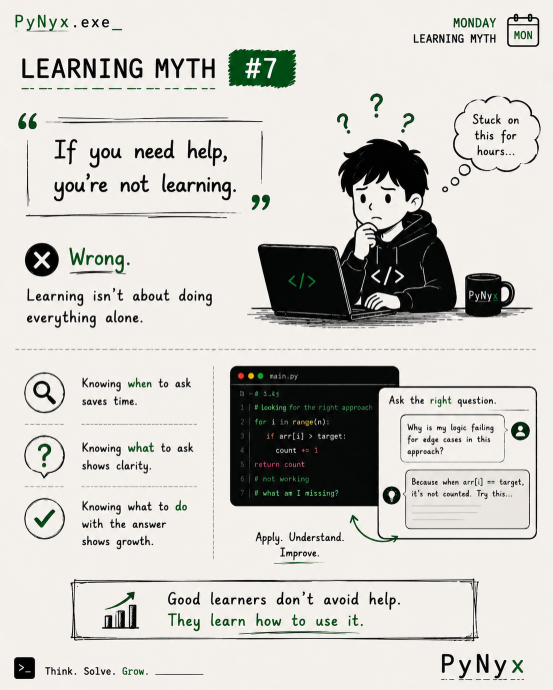 PyNyx_Official's tweet photo. Learning Myth #7

“If you need help, you’re not learning.”

Wrong.

Knowing when to ask, what to ask, and what to do with the answer is a skill too.

Good learners don't avoid help. They learn how to use it.
#pynyx #fypシ゚viral 
https://t.co/O68jTQ8fVI https://t.co/bNtHSQS6HX