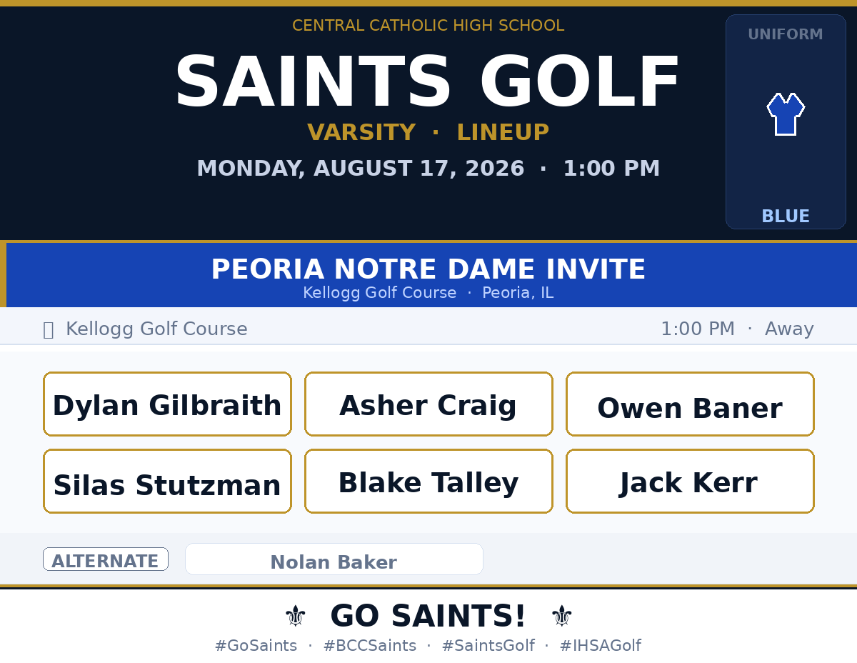 BCCSaintsGolf's tweet photo. ⛳ GAME DAY! Saints Golf hits the course TODAY at the Peoria Notre Dame Invite — Kellogg Golf Course, 1:00 PM.
Let's go get it, Saints! ⚜️ #GoSaints #BCCSaints #SaintsGolf #IHSAGolf #GameDay
Your Lineup: https://t.co/SfJuSiaXnz