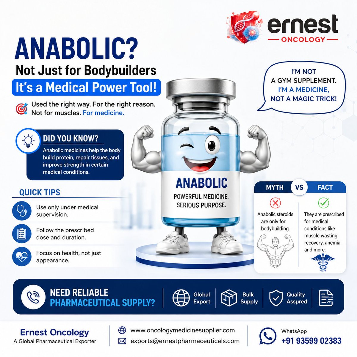 ErnestPharma's tweet photo. 💊 Anabolic medicines aren’t simply a bodybuilding topic. Some have legitimate medical applications when prescribed for specific conditions.

Right medicine. Right purpose. Professional supervision
🌐 https://t.co/BeSU3nnw1L
 #Pharmaceuticals #Healthcare #Ernestoncology https://t.co/ikkCi4u6w4