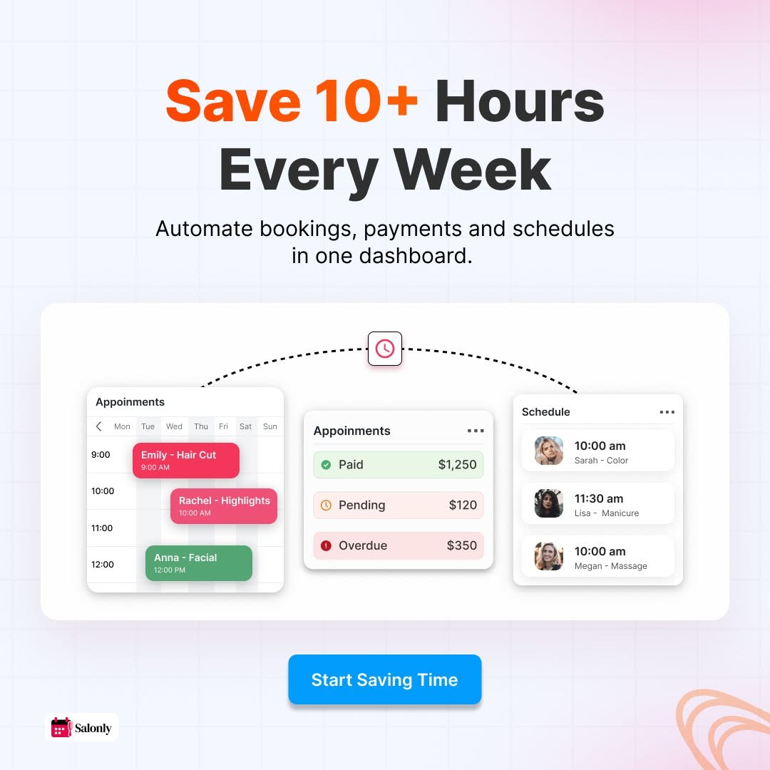 SalonlyOfficial's tweet photo. Save 10+ hours every week ⏳

Automate bookings, payments &amp; schedules in one dashboard with Salonly.
Less manual work. More time to grow. 🚀

Learn more: https://t.co/IeNzCDzLk8

#salonbusiness #salonbusinesstips https://t.co/nfR6EpZBIL