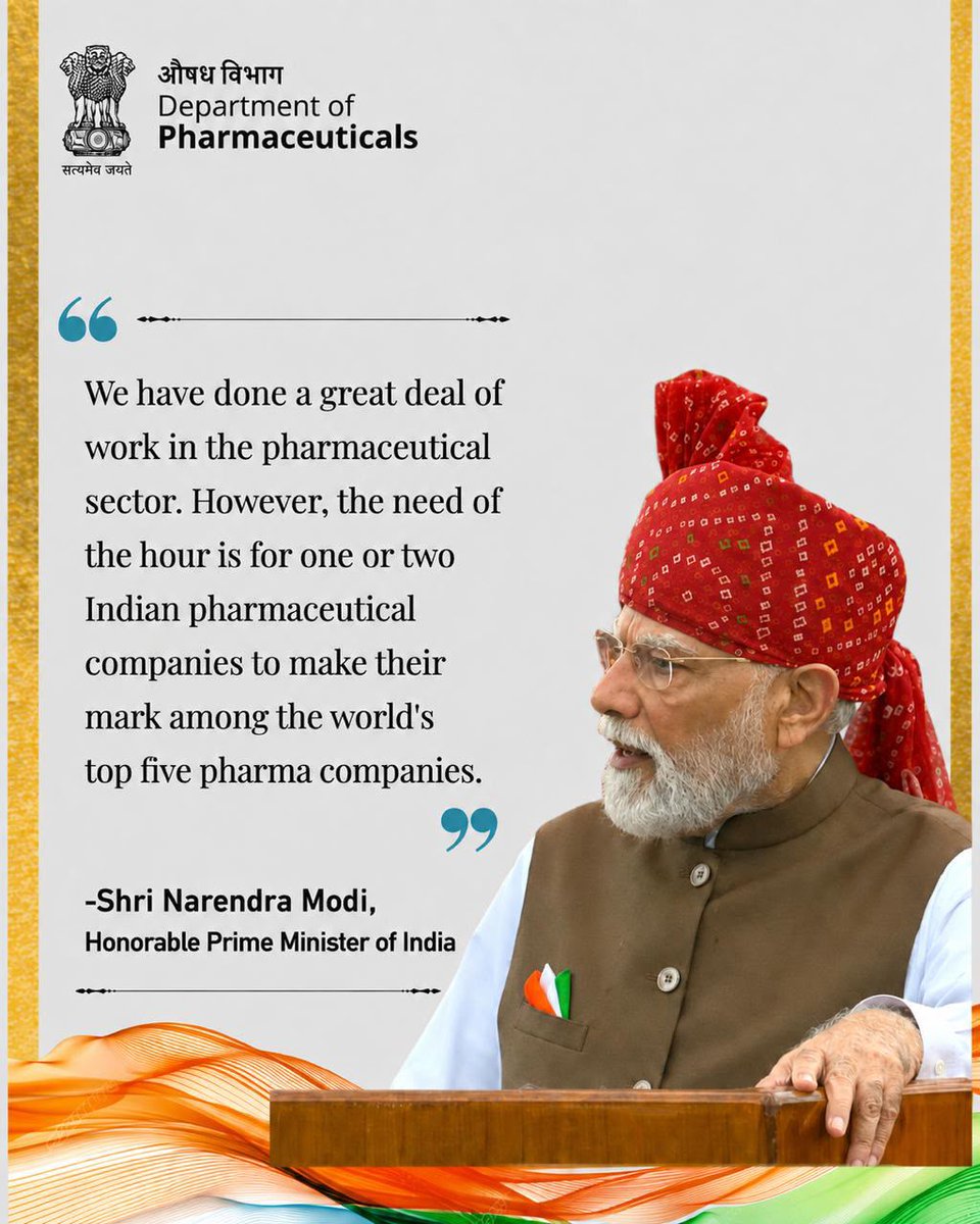 IPAOfficialPage's tweet photo. During his 80th Independence Day address, Hon'ble Prime Minister Shri Narendra Modi ji set an inspiring goal: Indian pharmaceutical companies must rank among the world's Top 5. Today, India is already regarded as the Pharmacy of the World, supplying quality-assured, affordable medicines to over 200 countries. The focus on research and innovation will help us move up the value chain and realise this aspiration for Indian pharma and the nation.

-@sjainindjain  , Secretary General, IPA

#IndianPharma #AtmanirbharBharat #MakeInIndia #IPA #HealthcareLeadership

@PMOIndia @Pharmadept @MoHFW_INDIA @AjantaPharmaLtd @Alkem_Lab  @AurobindoGlobal @Cadila_Pharma @Alembic_Pharma @Cipla_Global @drreddys @EmcurePharma @glenmarkpharma @LupinIndia @Pharma_Mankind @MicroLbsLtd @PiramalPharma @SunPharma_Live @TorrentPharmaIn @ZydusUniverse