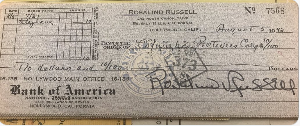 agmacor's tweet photo. A fave find from #RosalindRussell's archive @ #UCLA. A $0.10 check to Columbia Pictures for a phone call Russell made from the studio in 1942. Not relevant to my #nextbook about #TheWomen but a great example of her irreverent sense of humor.😏 #TCMParty #SummerUndertheStars https://t.co/4Cai8C1Dej
