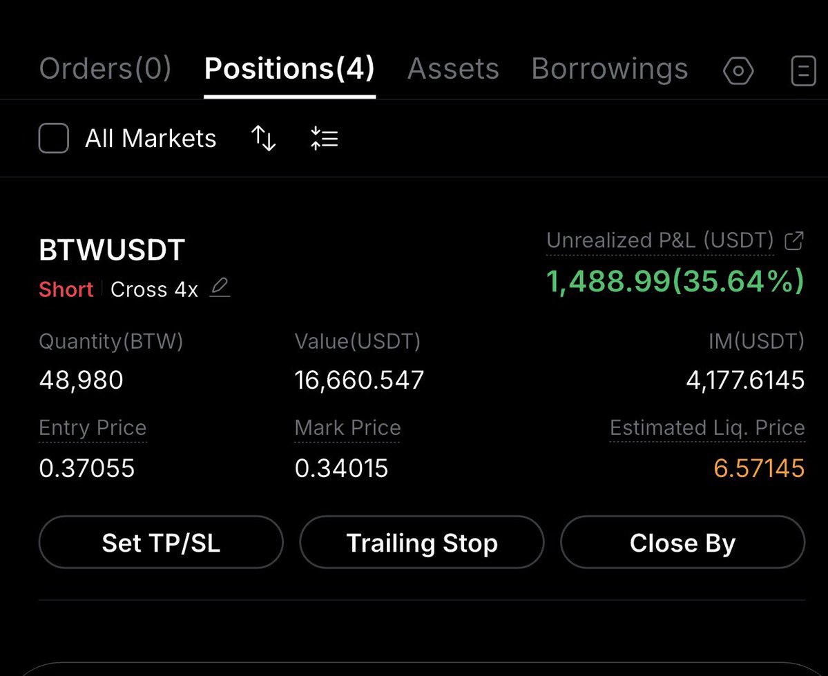 Crypto__Haris's tweet photo. 🚨 $BTW dump started 📉

After pumping from $0.13 to $0.45, $BTW finally got rejected.

My SHORT trade is already in $1500 profit 🥳

But don’t rush the short. Like $TUT, $CYS, and $ACE, it can still make one last big pump after this pullback.

If you are in profit, then it’s better to move your SL to profit, so you don’t turn a winning trade into a loss.

If it pumps again, I will short it from the higher zone around $0.40–$0.45.