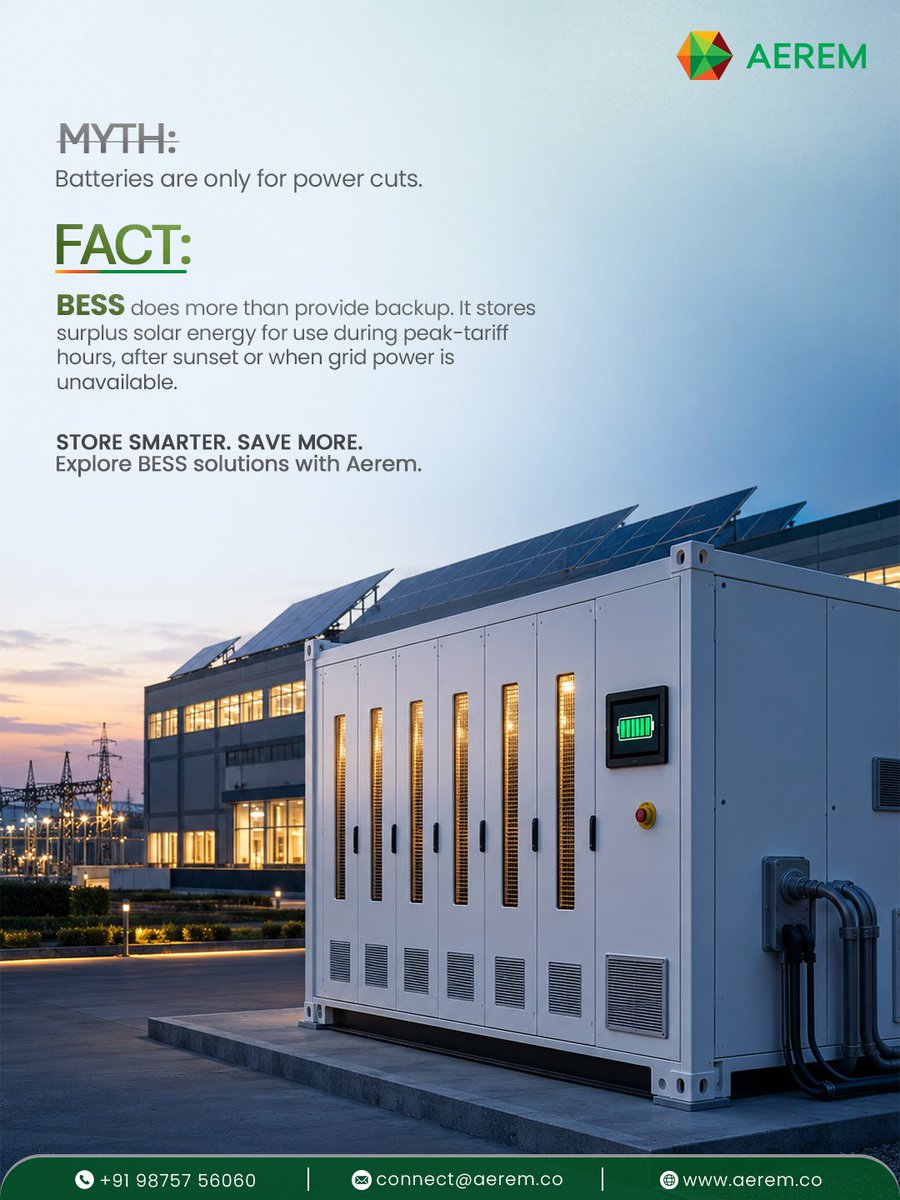 AeremSolutions's tweet photo. The sun sets. Your solar savings don’t have to.
BESS stores solar when it’s available and uses it when power costs more or the sun goes down.

Store smart. Use smarter.

#Aerem #BESS #EnergyStorage #SolarEnergy https://t.co/SvRVYEFABg