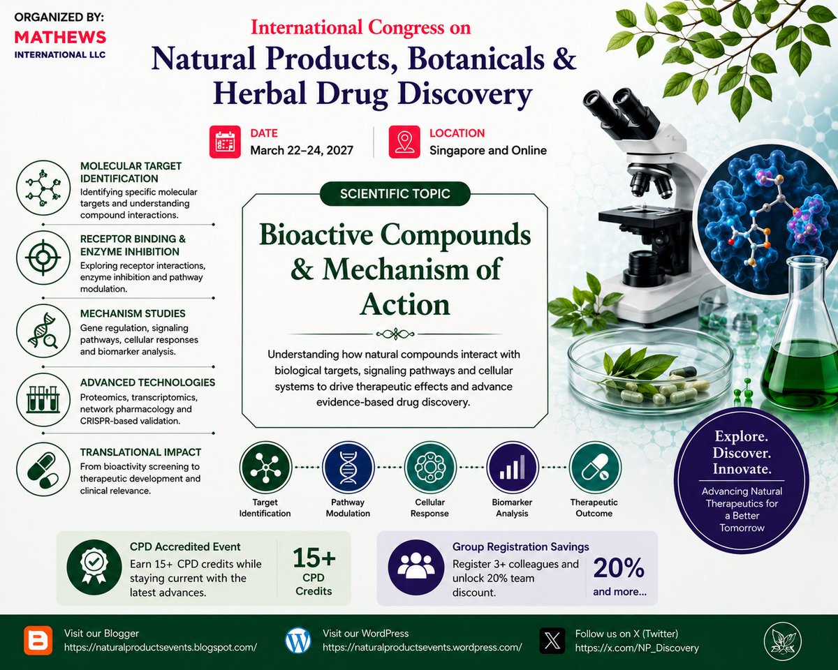 NP_Discovery's tweet photo. Scientific Topic
Bioactive Compounds &amp; Mechanism of Action
Explore how natural molecules interact with biological targets, signaling pathways, enzymes and cellular systems to support evidence-based drug discovery.
📅 March 22–24, 2027📍 Singapore &amp; Online
https://t.co/NdXw2zJNmX https://t.co/6Wxwf4Whox