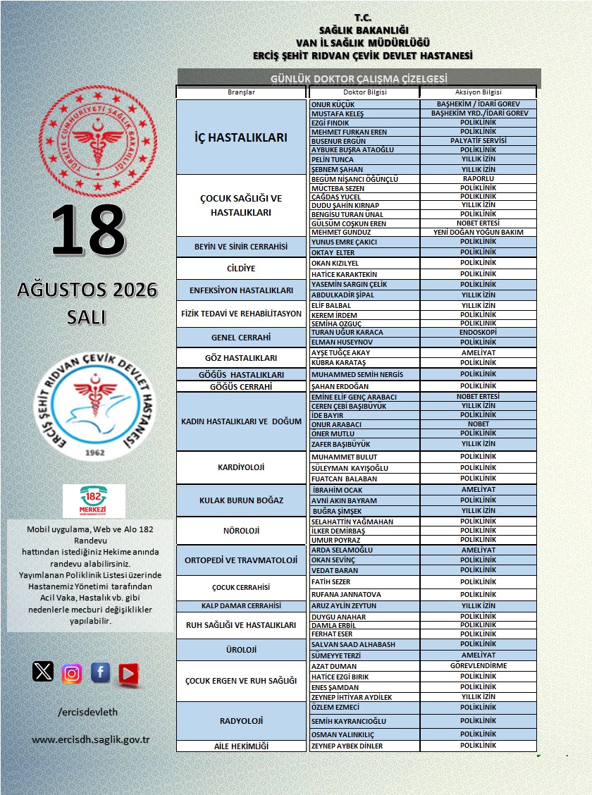 ErcisDH's tweet photo. Mobil, Web ve 182 Randevu hattından istediğiniz Hekime anında randevu alabilirsiniz. Yayınlanan Poliklinik Listesi üzerinde Hastanemiz Yönetimi tarafından Acil Vaka, Hastalık vb. gibi nedenlerle mecburi değişiklikler yapılabilir.
@vanilsaglik https://t.co/EpbbOsmQSe
