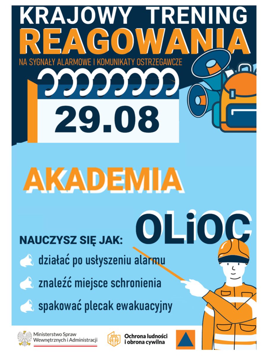 MSWiA_OLiOC_GOV's tweet photo. 🚨 Już 29 sierpnia w całej Polsce ćwiczymy właściwe reagowanie! Rusza Krajowy Trening Reagowania Akademii #OLiOC🟧

Rozpoznaj sygnał alarmowy ➡️ sprawdź oficjalny komunikat ➡️ działaj.

📍Więcej informacji o krajowym treningu znajdziesz w nitce⤵️ https://t.co/XF1qklvcXi