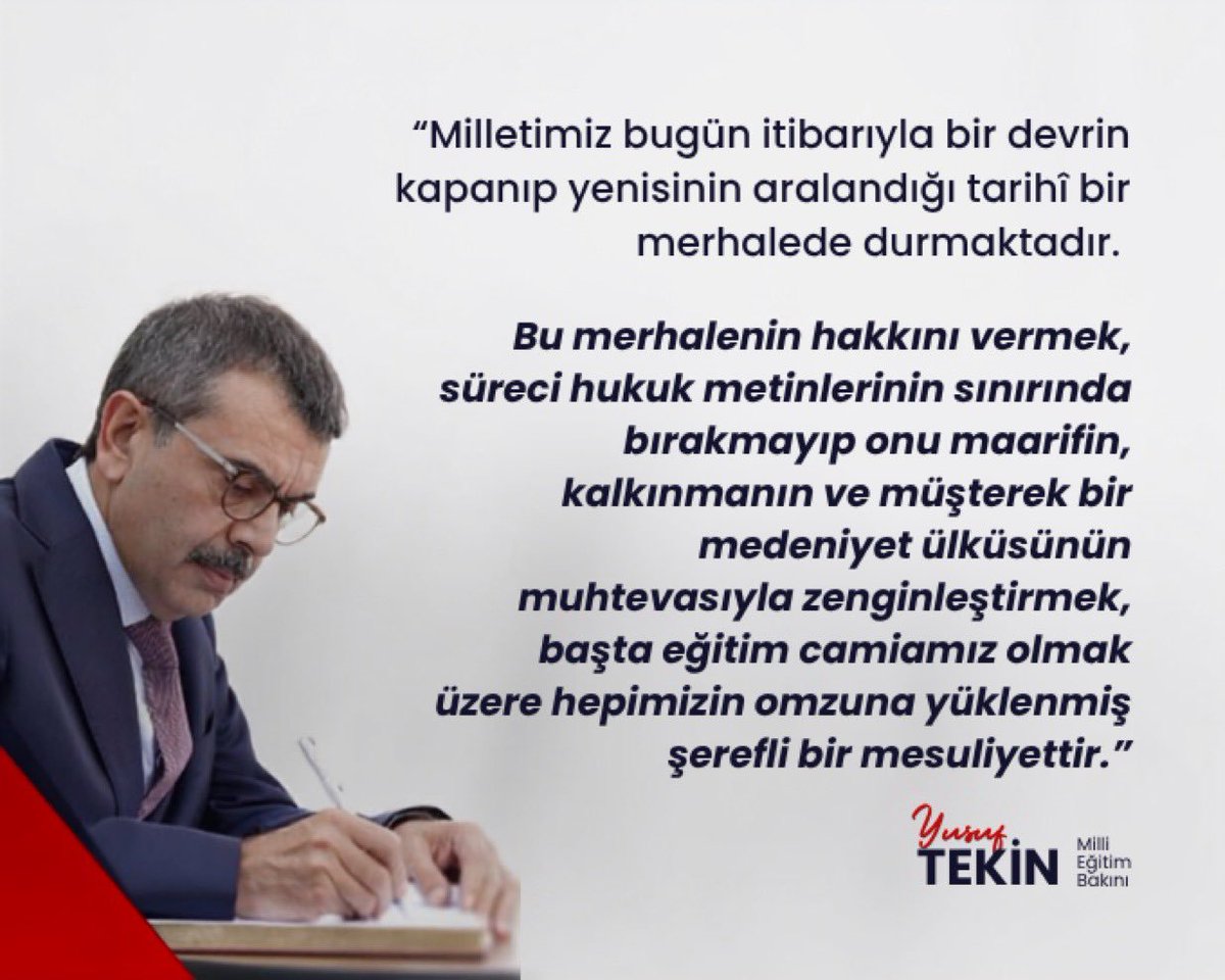 Bitlis_Mem's tweet photo. Milli Eğitim Bakanımız Sayın Yusuf Tekin;

“Milletimiz bugün itibarıyla bir devrin kapanıp yenisinin aralandığı tarihî bir merhalede durmaktadır.

Bu merhalenin hakkını vermek, süreci hukuk metinlerinin sınırında bırakmayıp onu maarifin, kalkınmanın ve müşterek bir medeniyet ülküsünün muhtevasıyla zenginleştirmek, başta eğitim camiamız olmak üzere hepimizin omzuna yüklenmiş şerefli bir mesuliyettir.”

@tcmeb @Yusuf__Tekin @TayfunOzyolcu