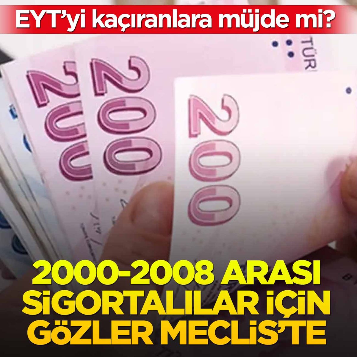yeniakit's tweet photo. EYT’yi kaçıranlara müjde mi? 2000-2008 arası sigortalılar için gözler Meclis’te

Emeklilikte Yaşa Takılanlar (EYT) düzenlemesinin dışında kalarak büyük bir hayal kırıklığı yaşayan 2000-2008 arası sigorta başlangıçlı milyonlarca çalışan, kademeli emeklilik için Meclis'ten çıkacak müjdeli haberi bekliyor. Hazırlanan kanun teklifleri Meclis gündeminde yerini alırken, milyonlarca mağdur vatandaş gözlerini komisyon ve Genel Kurul'dan gelecek son dakika açıklamalarına dikti.

EYT düzenlemesinin dışında kalan milyonlarca çalışan, kademeli emeklilik için atılacak adımları takip ediyor. 2000-2008 yılları arasında sigorta girişi bulunanlar için henüz yürürlüğe girmiş yeni bir düzenleme bulunmazken, konuya ilişkin kanun teklifleri ve soru önergeleri Meclis gündeminde yer alıyor. Kademeli emeklilik beklentisi, EYT kapsamına giremeyen çalışanların en çok araştırdığı başlıklar arasında yer alıyor. Özellikle 8 Eylül 1999 sonrası sigorta girişi bulunanlar, yaş ve prim şartlarının işe başlangıç tarihine göre yeniden düzenlenmesini talep ediyor. Ağustos 2026 itibarıyla yürürlükte kesinleşmiş bir kademeli emeklilik yasası bulunmasa da, konu Meclis’e taşınan kanun teklifleriyle gündemde kalmaya devam ediyor.