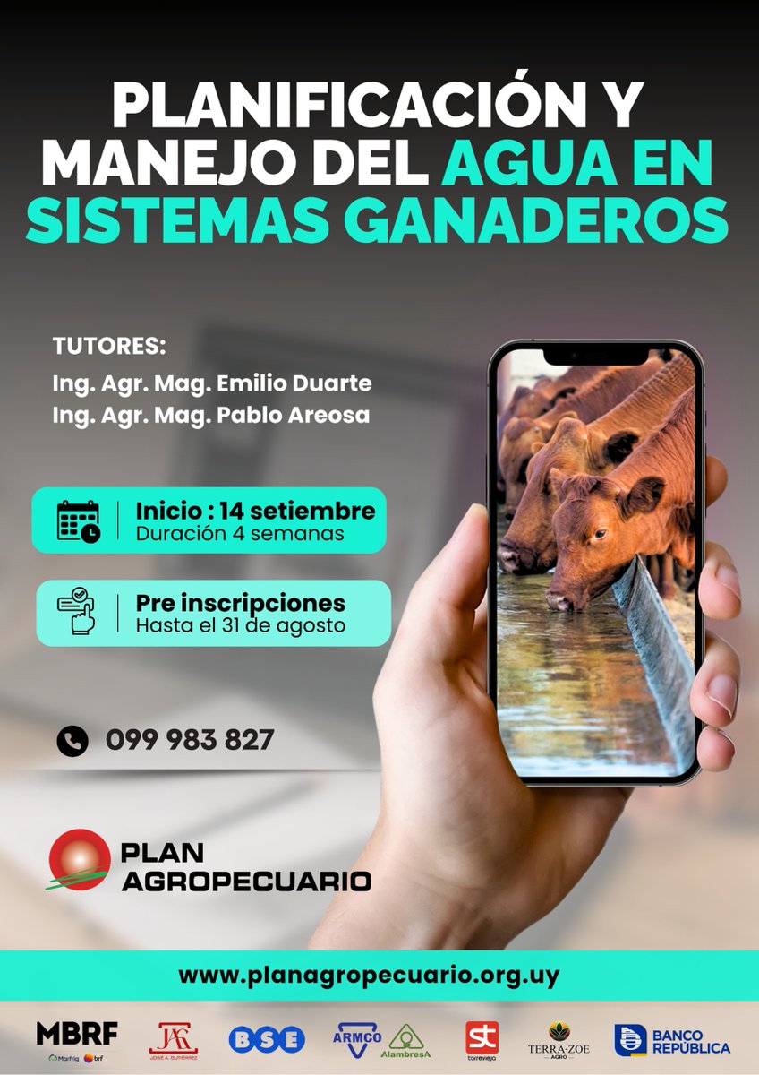 PlanAgro's tweet photo. 📢¡Continúan abiertas las inscripciones!
Curso a distancia 🛜
✔️Planificación y manejo del agua en sistemas ganaderos
🗓️14/9⏳4 semanas
✍️➕ℹ️👉🔗 https://t.co/2Xzw7TPVBF
¡Te esperamos!
#Capacitación #Ganadería #EaD #PlanAgro
#Agua #SistemasDeProducción #CampoNatural... https://t.co/BD21HdBFmY
