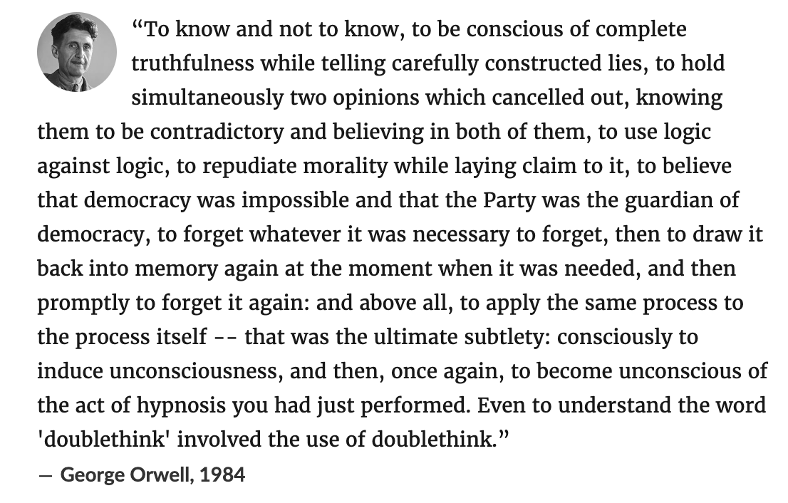 katrosenfield's tweet photo. My most conservative position, apparently, is that being forced to pretend belief in things that deeply violate your conscience and sense of truth as a condition of participating in society is an extremely big deal -- for reasons George Orwell explained better than I can https://t.co/3QwJcEG3AB