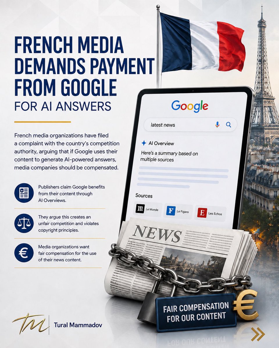 mammadov_t's tweet photo. Süni intellekt informasiya iqtisadiyyatını da dəyişir.

Fransa mediasının Google-a tələbi əsas sualı gündəmə gətirir: AI cavabları media məzmunu ilə hazırlanırsa, yaradılan dəyər kimə məxsusdur — platformaya, yoxsa məzmun sahibinə?

#AI #Google #Copyright https://t.co/EVEt7Qk0aT