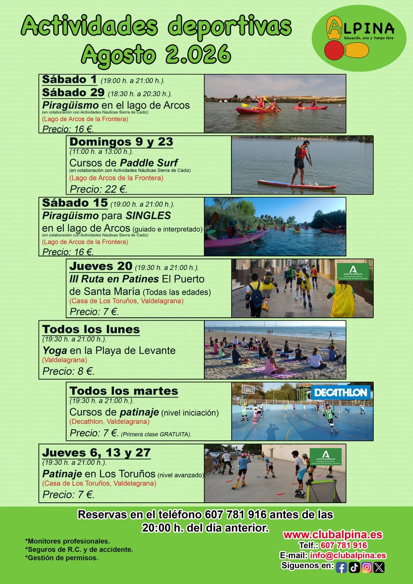 ALPINA_eotl's tweet photo. Actividades deportivas de agosto.

☎️Información y reservas: 607781916.

#senderismo #patinaje #yoga #piraguismo #paddlesurf @CadizTurismo @TurismoElPuerto @TurismodeArcos @TurismoJerez @TurismoRota @ParqueTorunos @TurismoPtoReal @Turismochiclana @Sfdoturismo @TurismoChipiona https://t.co/pBr0Xc9YQ4