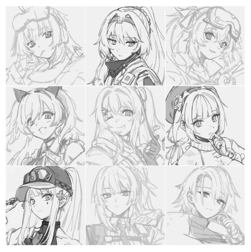 agemonoooooo's tweet photo. 絵のスタイルや顔のパーツの比率を調整してみたくて、頭部のラフをたくさん描いていました。そのあと、練習を兼ねて簡単なバストアップの絵もいくつか描きました🫤 https://t.co/XqGulMzJOH