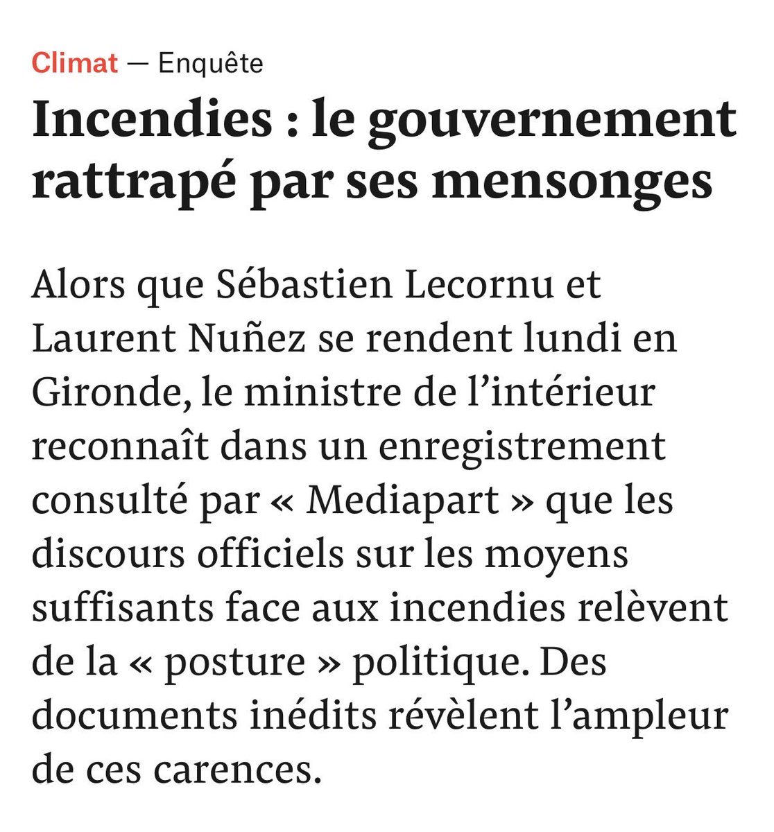 Brevesdepresse's tweet photo. 🔴🇫🇷FLASH - Sébastien #Lecornu s’en prend à #Mediapart, dénonçant un « précédent très grave » et une « trumpisation » après la publication des propos issus d’un enregistrement de Laurent #Nuñez avec les syndicats de #pompiers. Une charge qui fait surtout contre-feu aux révélations du média : le ministre y reconnaît en privé que le discours officiel sur les moyens relève de la « posture », tandis que des documents internes de la Sécurité civile font état de pénuries de matériel…