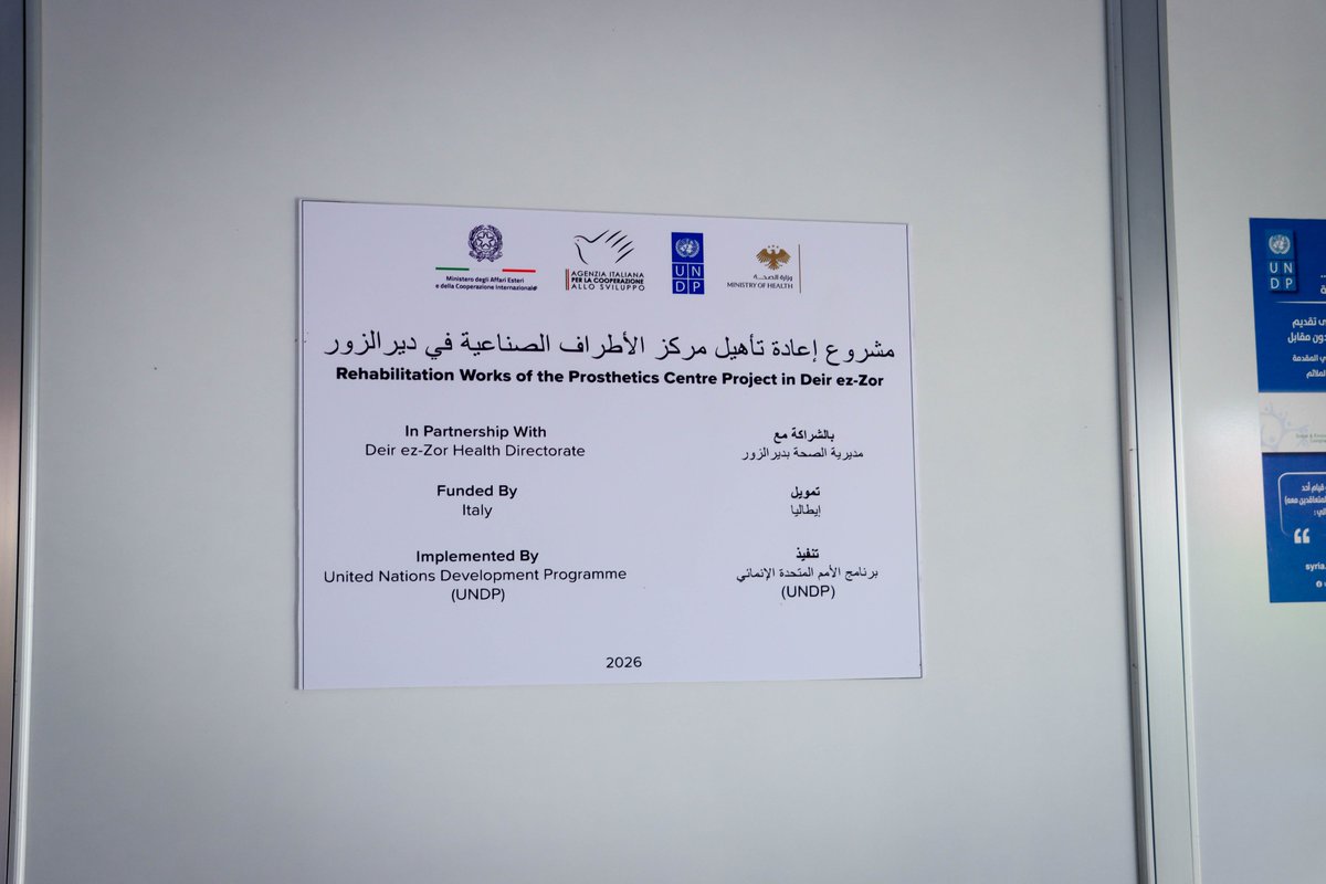 UndpSyria's tweet photo. 🙏🇮🇹@ItalyinSyria &amp; @aics_it, @UNDP &amp; @SyrMOfH opened 1st specialised Prosthetics Centre in #DeirEzzor, #Syria, which 🇮🇹delegation will soon visit, bringing services closer to communities
💠Rehabilitation
💠Equipment &amp; assistive devices
💠Training
Mobility &amp; independence 4 #PWDs https://t.co/2cSZaUaWOD