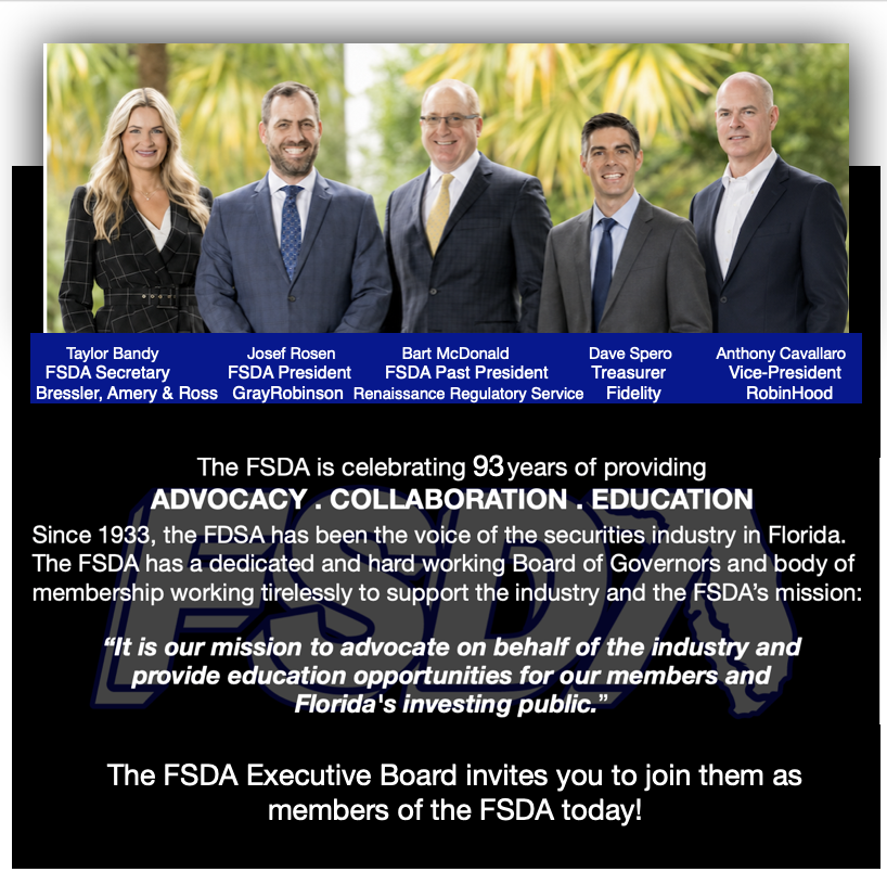 FSDA2019's tweet photo. The FSDA's Executive Board Invites You!
Join FSDA's president, Josef Rosen, past-president,  Bart McDonald, secretary, Taylor Bandy, treasurer, David Spero, and vice-president, Anthony Cavallaro as members of the FSDA serving the state of FL.
Take advantage of the FSDA 1/2 off https://t.co/JrgSH8pcdY